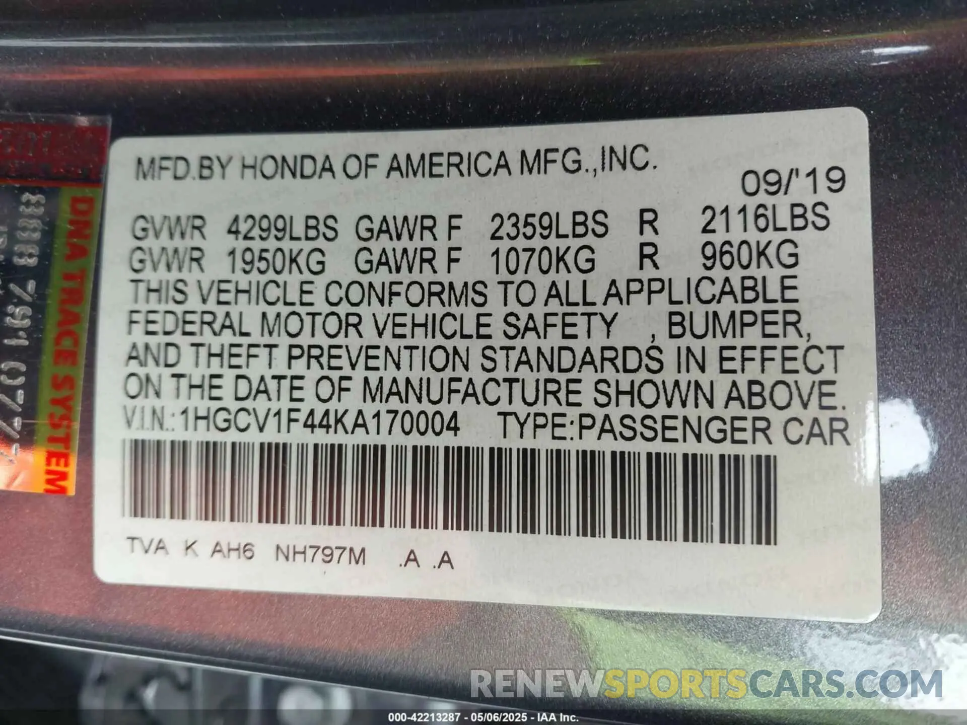 9 fotografías del automóvil dañado 1HGCV1F44KA170004 HONDA ACCORD 2019