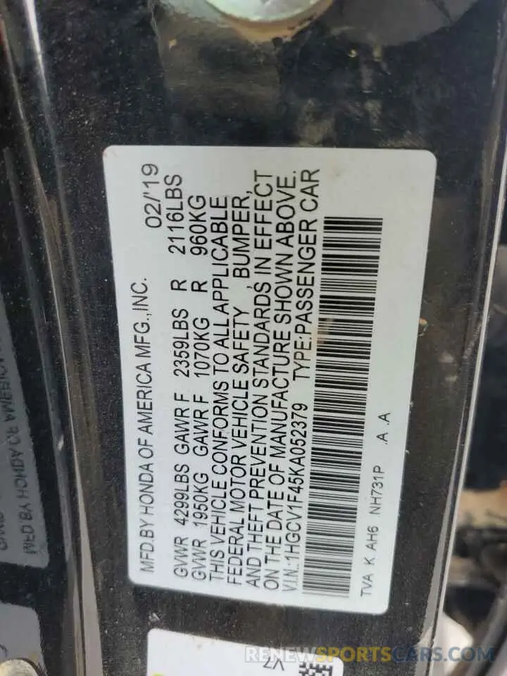 13 fotografías del automóvil dañado 1HGCV1F45KA052379 HONDA ACCORD 2019