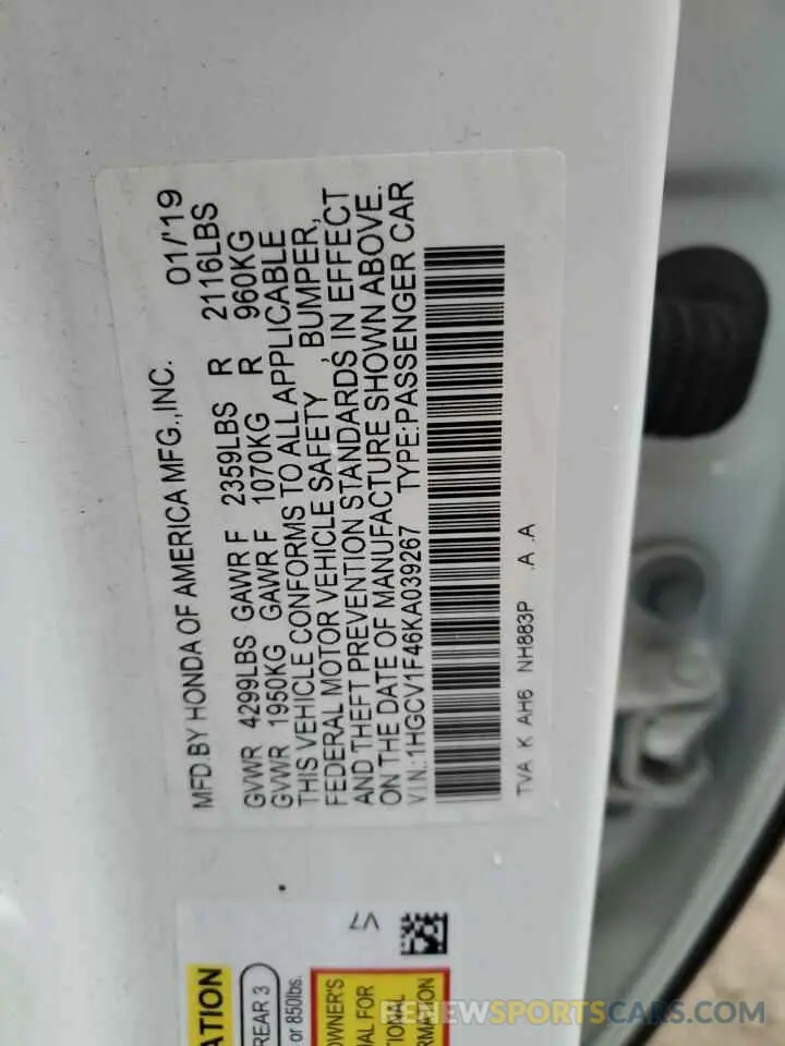 12 fotografías del automóvil dañado 1HGCV1F46KA039267 HONDA ACCORD 2019