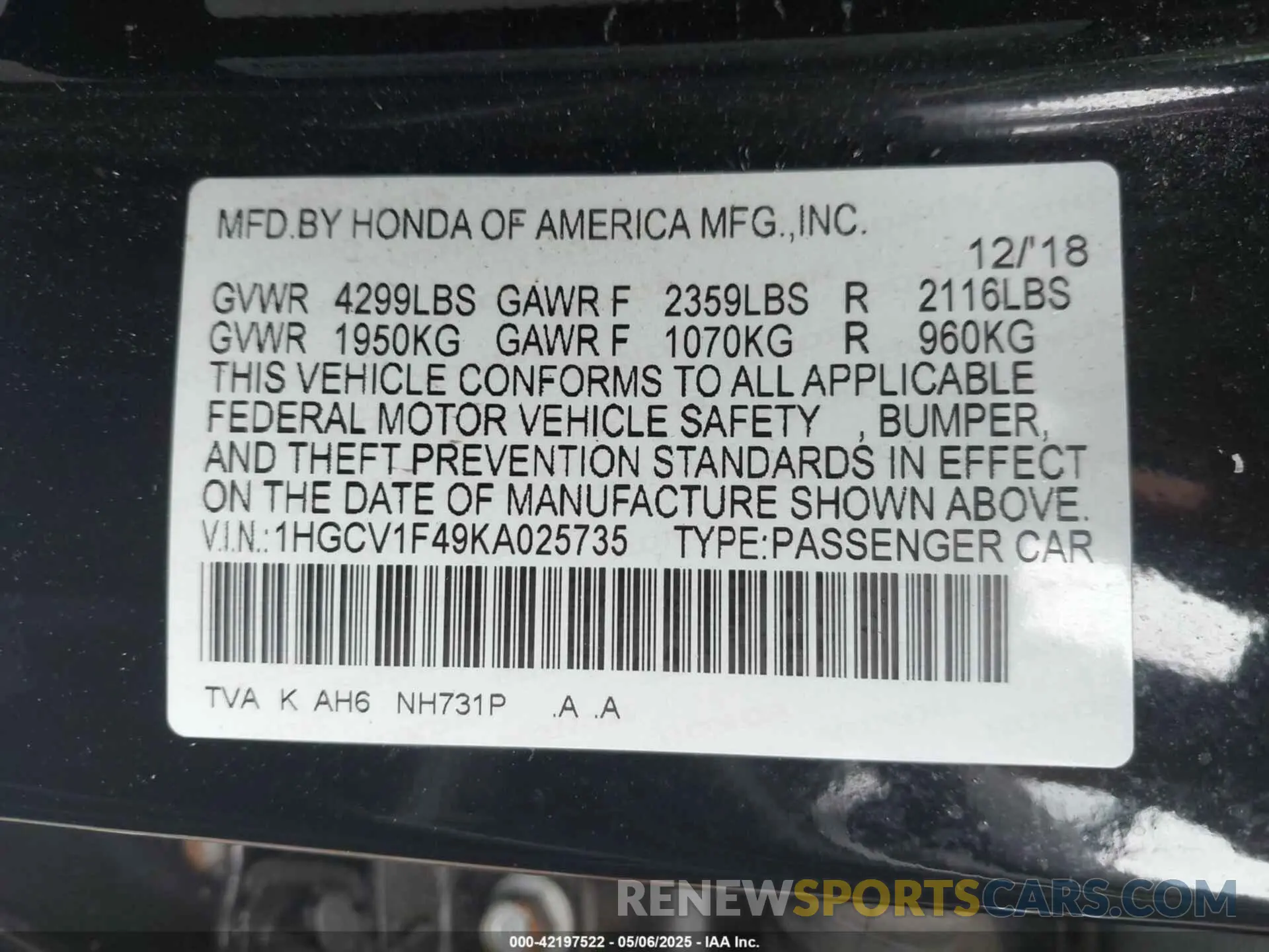 9 fotografías del automóvil dañado 1HGCV1F49KA025735 HONDA ACCORD 2019