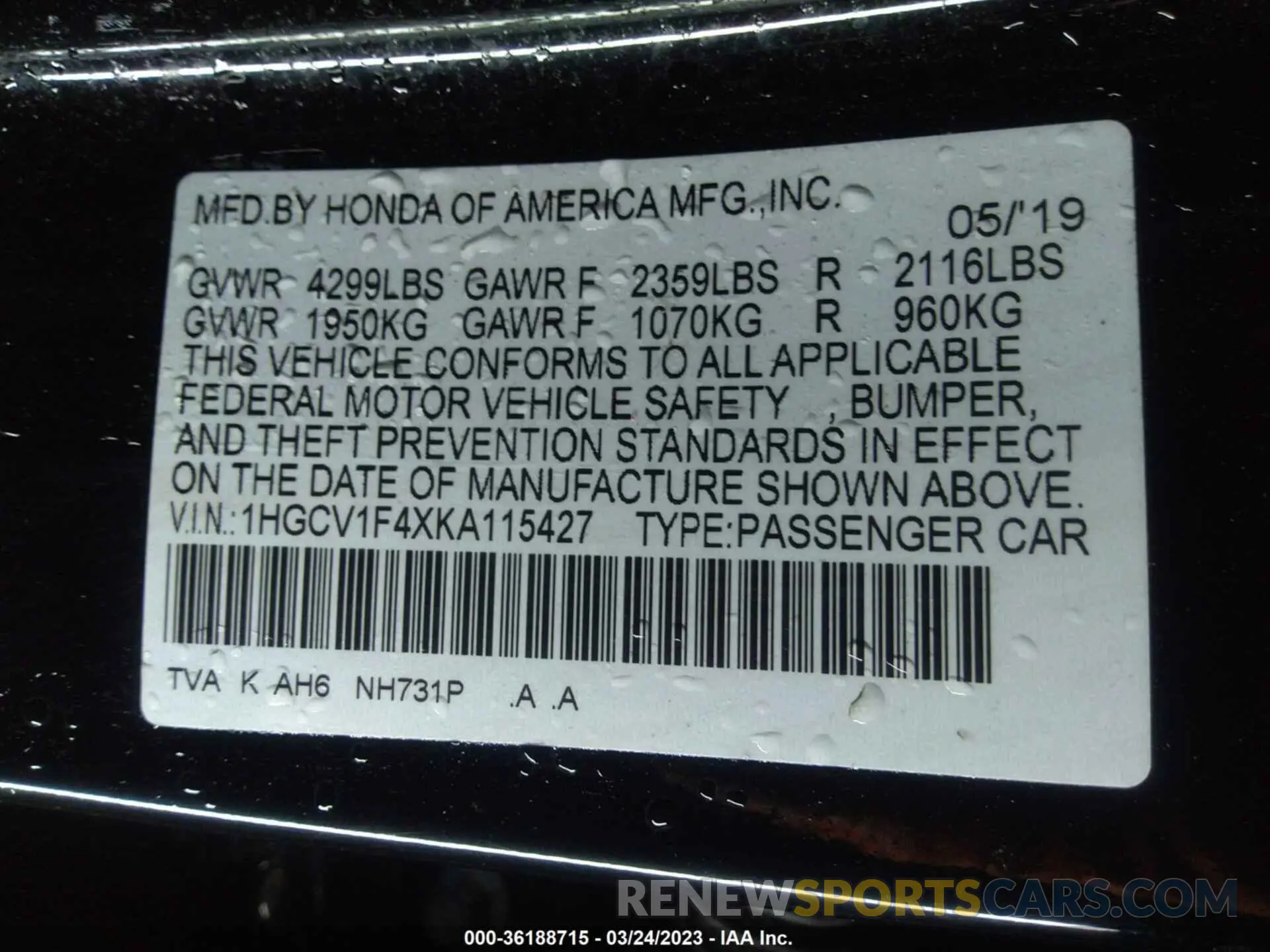 9 fotografías del automóvil dañado 1HGCV1F4XKA115427 HONDA ACCORD 2019