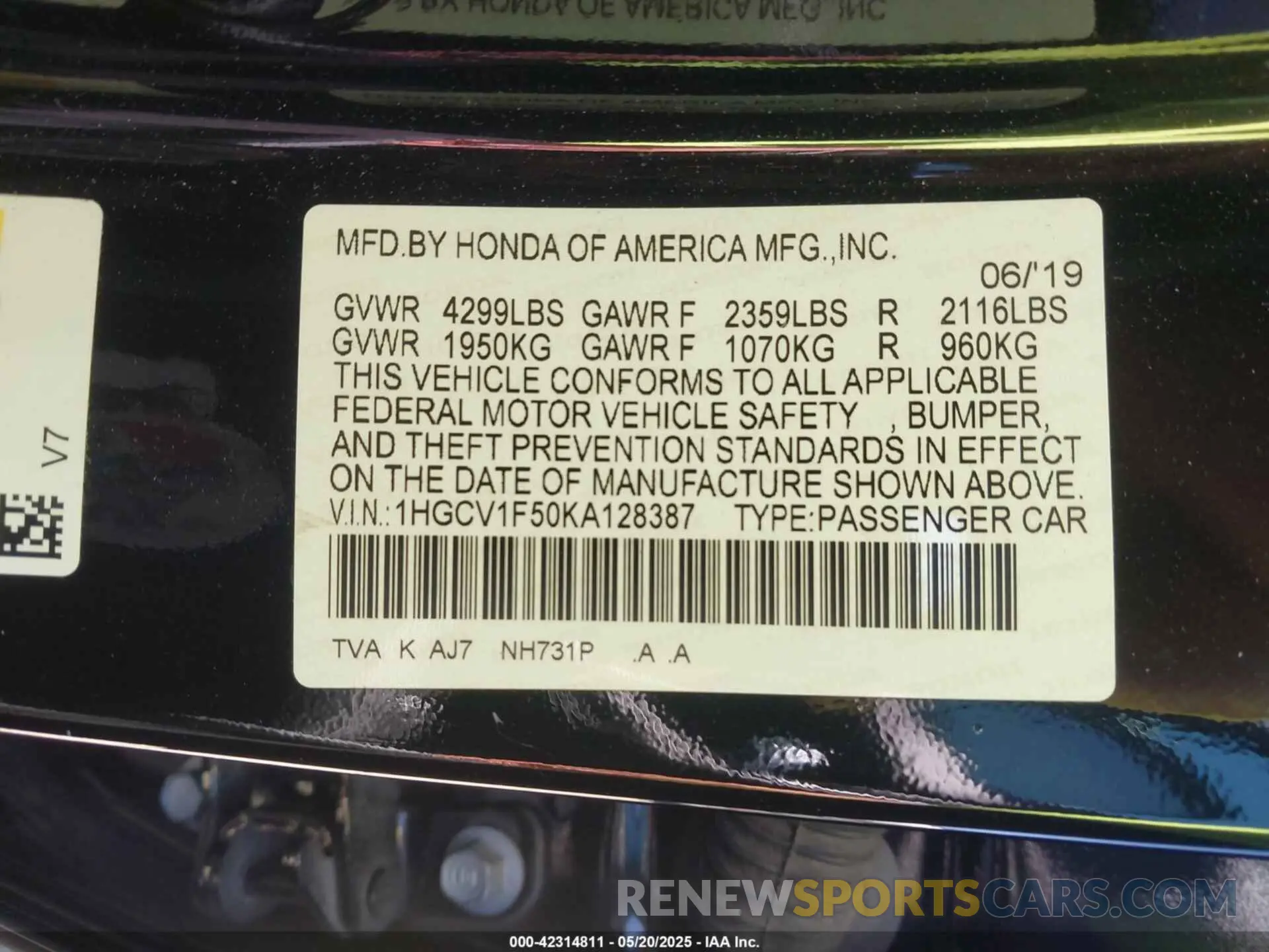 9 fotografías del automóvil dañado 1HGCV1F50KA128387 HONDA ACCORD 2019