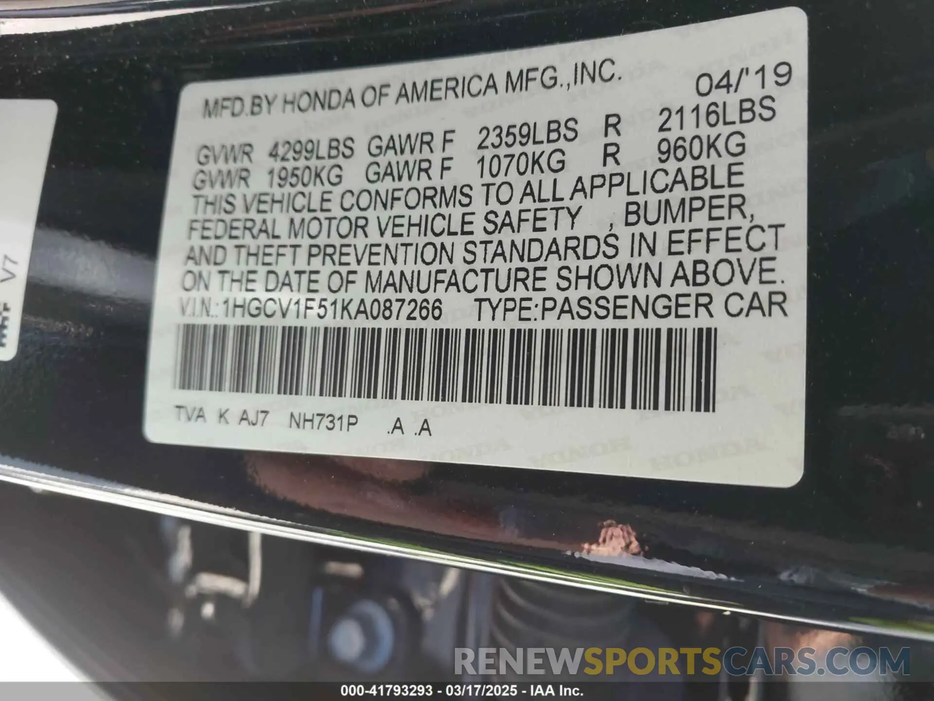 9 fotografías del automóvil dañado 1HGCV1F51KA087266 HONDA ACCORD 2019
