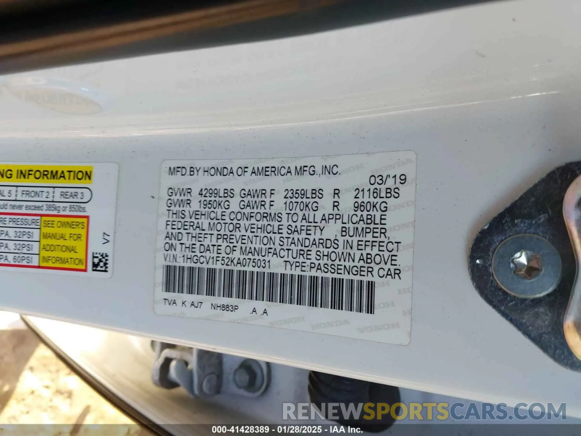 9 fotografías del automóvil dañado 1HGCV1F52KA075031 HONDA ACCORD 2019