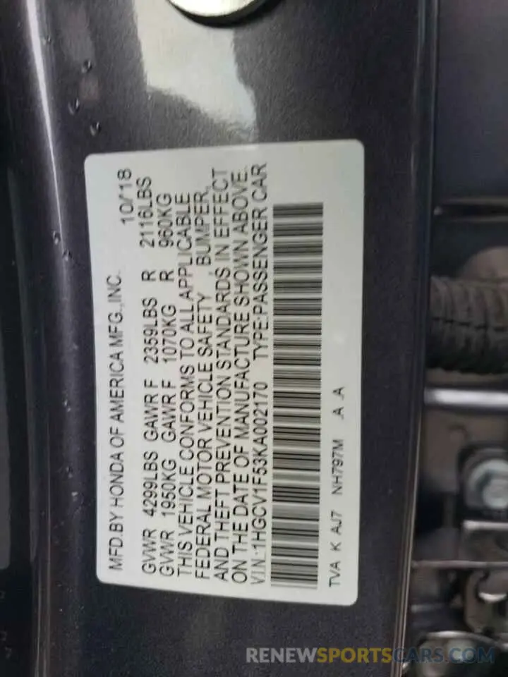 12 fotografías del automóvil dañado 1HGCV1F53KA002170 HONDA ACCORD 2019