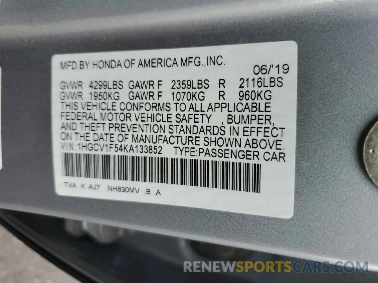 12 fotografías del automóvil dañado 1HGCV1F54KA133852 HONDA ACCORD 2019