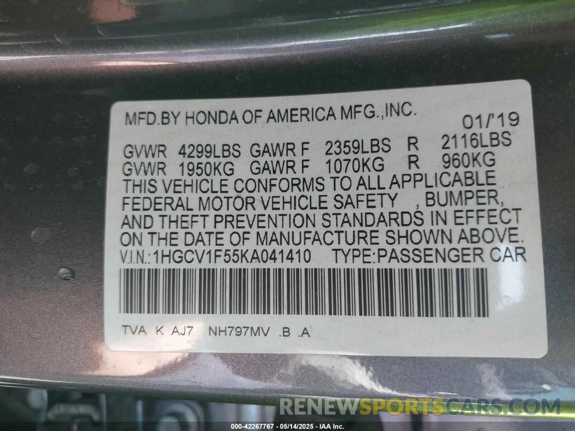 9 fotografías del automóvil dañado 1HGCV1F55KA041410 HONDA ACCORD 2019