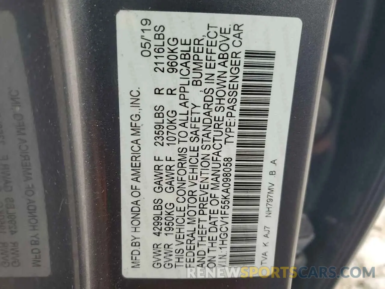 12 fotografías del automóvil dañado 1HGCV1F55KA098058 HONDA ACCORD 2019