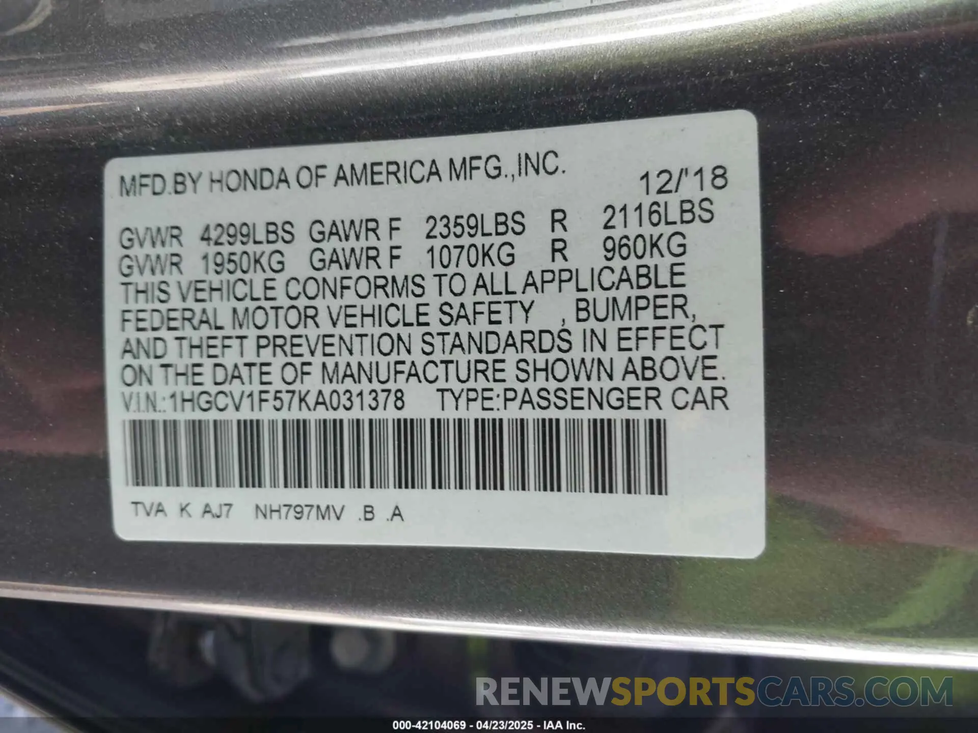9 fotografías del automóvil dañado 1HGCV1F57KA031378 HONDA ACCORD 2019