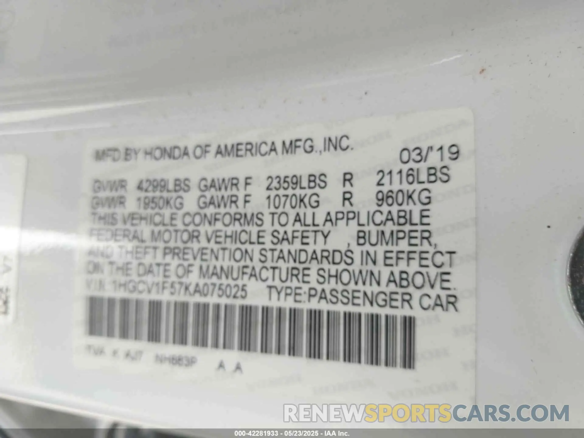 9 fotografías del automóvil dañado 1HGCV1F57KA075025 HONDA ACCORD 2019