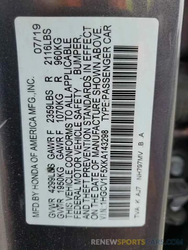 12 fotografías del automóvil dañado 1HGCV1F5XKA143298 HONDA ACCORD 2019