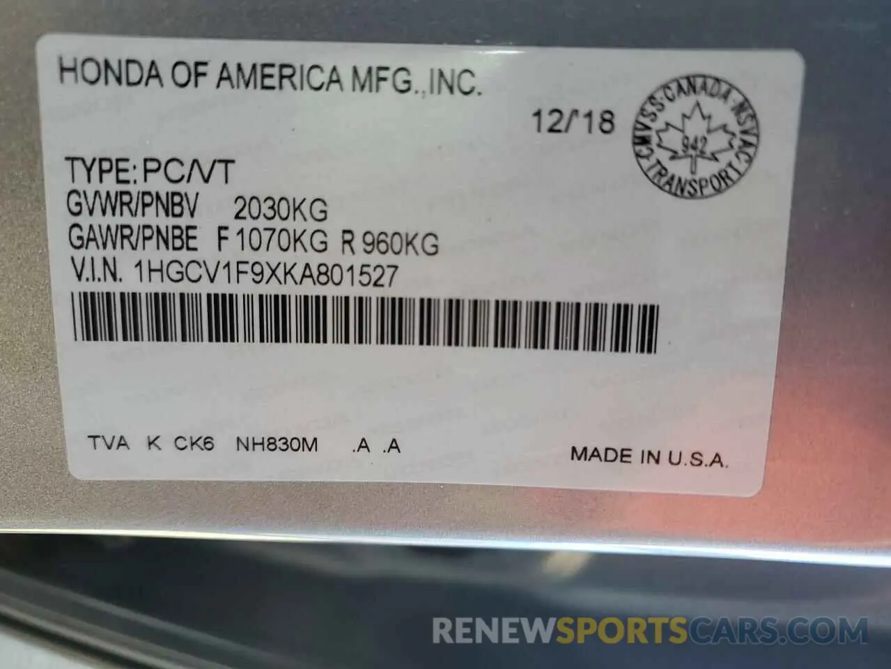 12 fotografías del automóvil dañado 1HGCV1F9XKA801527 HONDA ACCORD 2019
