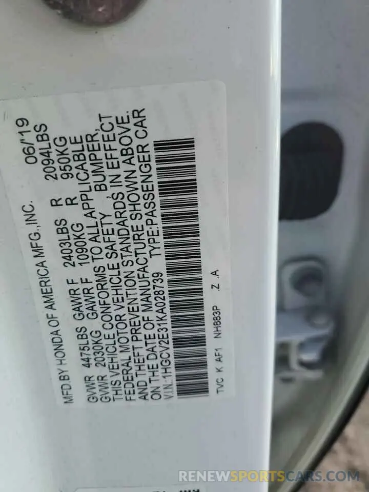12 fotografías del automóvil dañado 1HGCV2E31KA028739 HONDA ACCORD 2019
