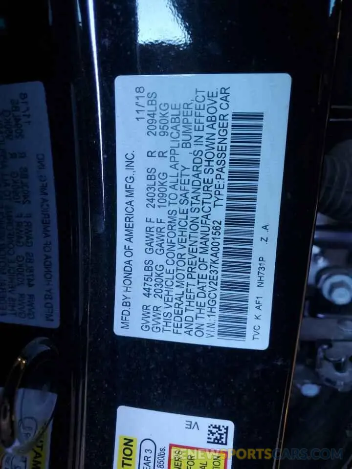 12 fotografías del automóvil dañado 1HGCV2E37KA001562 HONDA ACCORD 2019