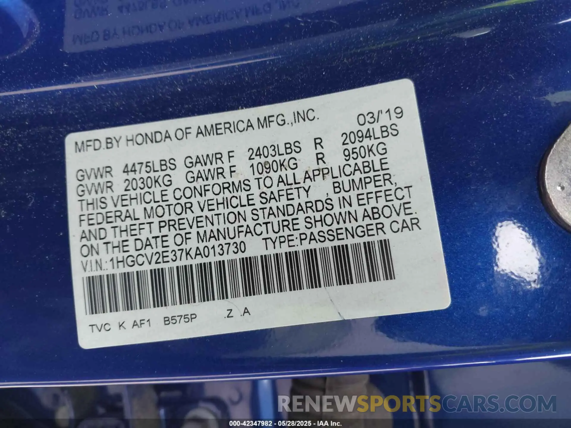 9 fotografías del automóvil dañado 1HGCV2E37KA013730 HONDA ACCORD 2019