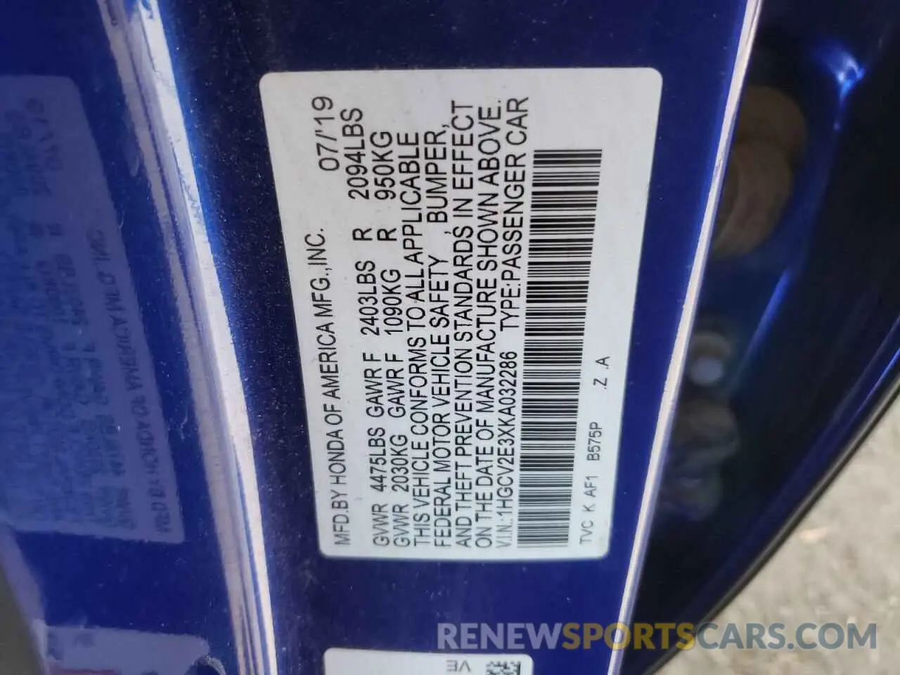 12 fotografías del automóvil dañado 1HGCV2E3XKA032286 HONDA ACCORD 2019