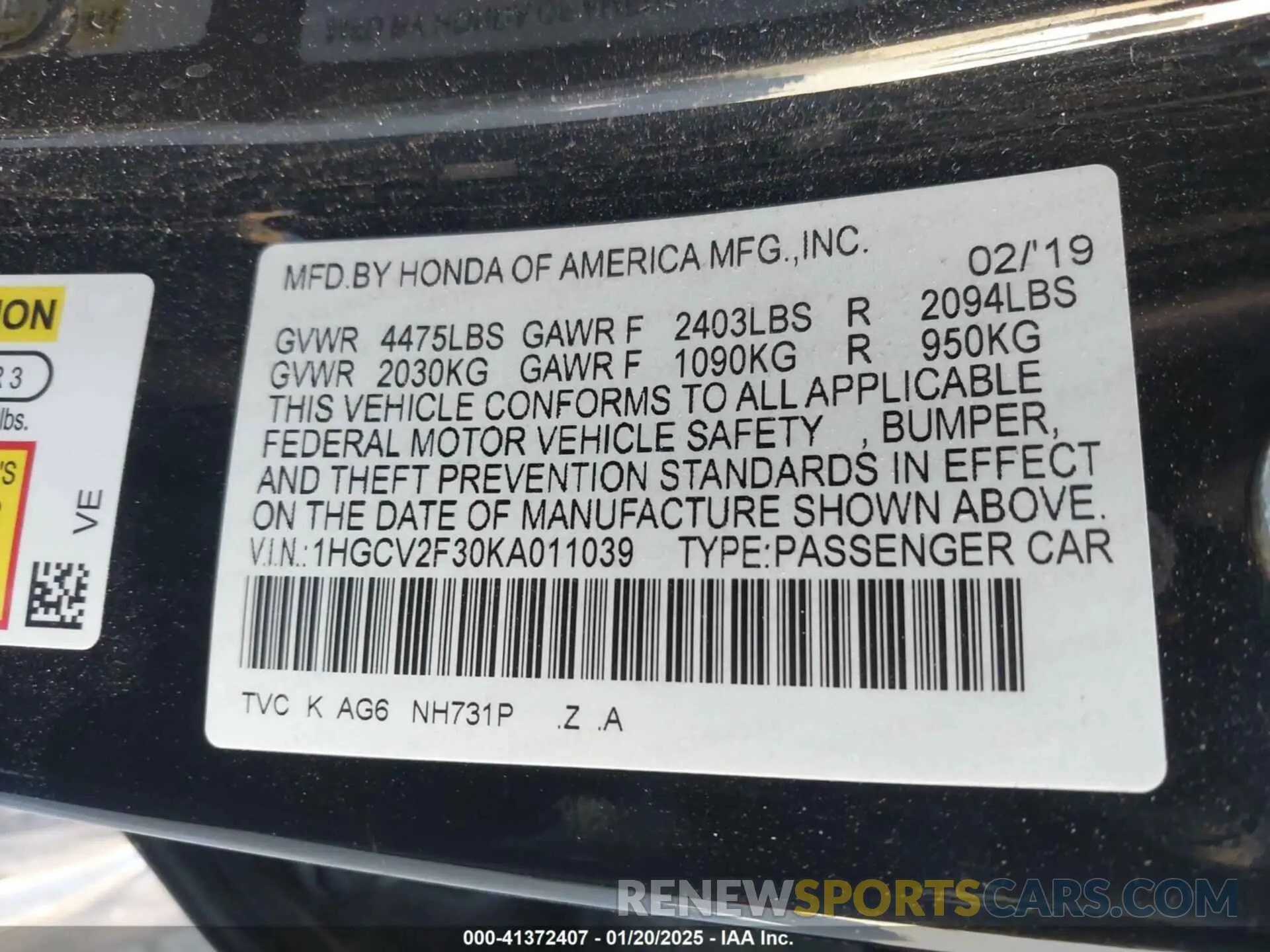 9 fotografías del automóvil dañado 1HGCV2F30KA011039 HONDA ACCORD 2019