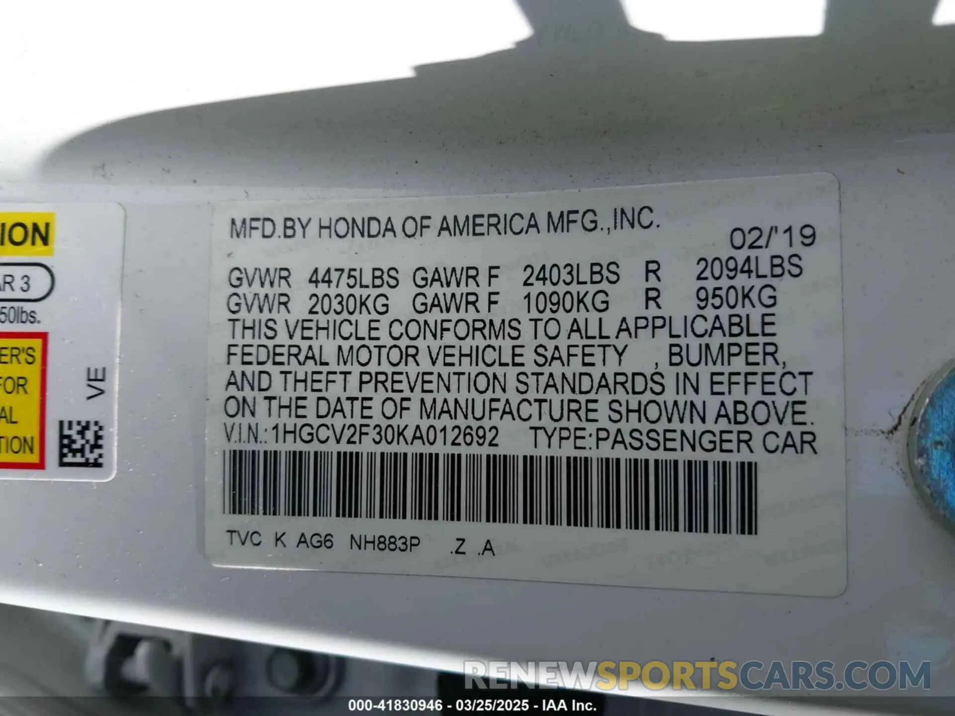 9 fotografías del automóvil dañado 1HGCV2F30KA012692 HONDA ACCORD 2019