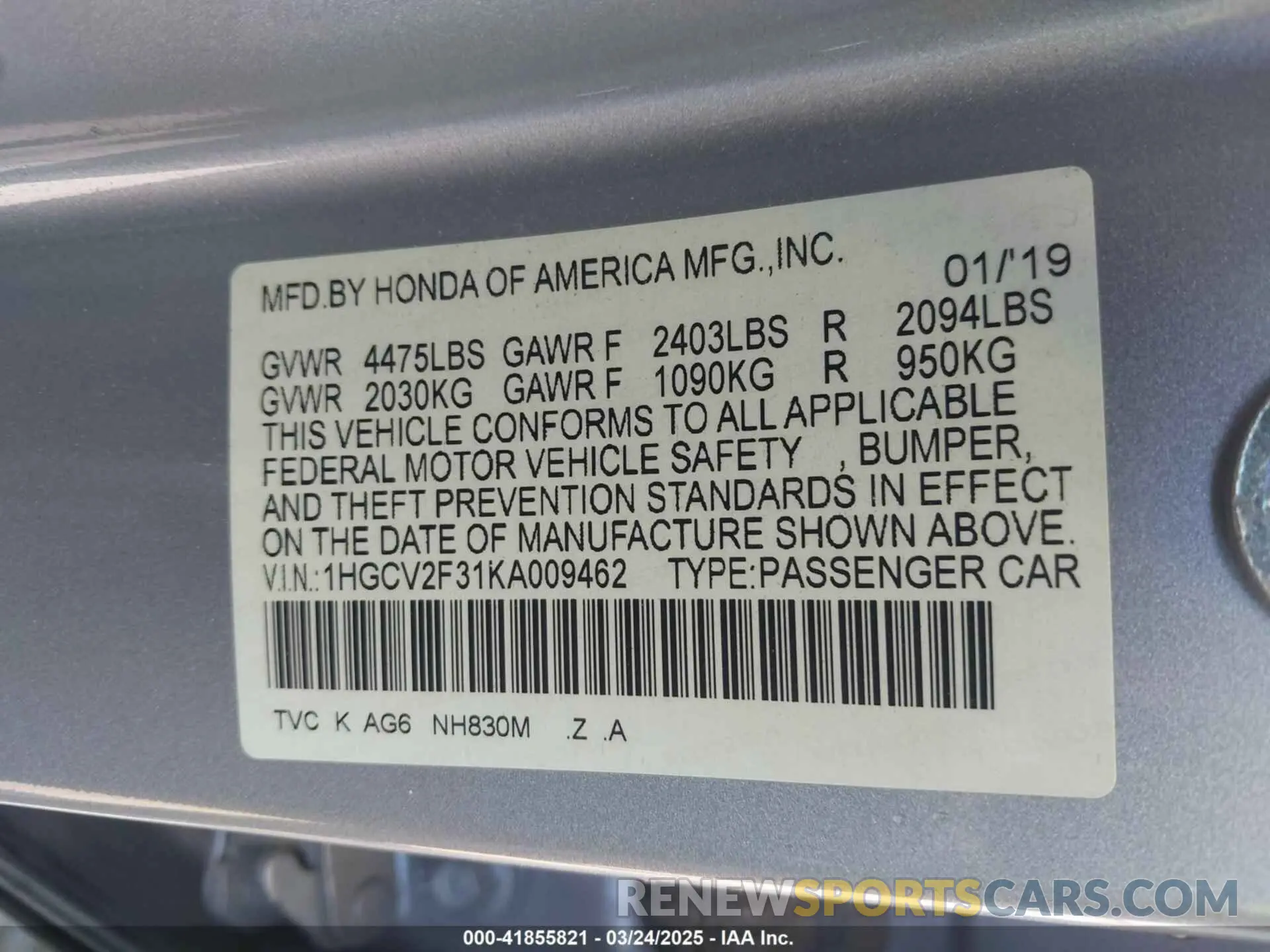 9 fotografías del automóvil dañado 1HGCV2F31KA009462 HONDA ACCORD 2019