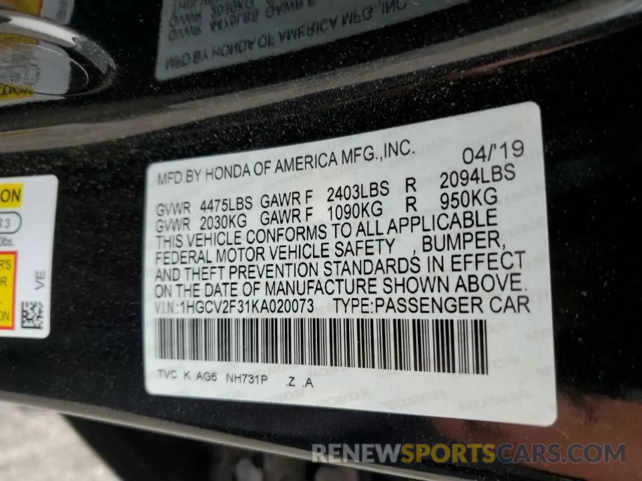 13 fotografías del automóvil dañado 1HGCV2F31KA020073 HONDA ACCORD 2019