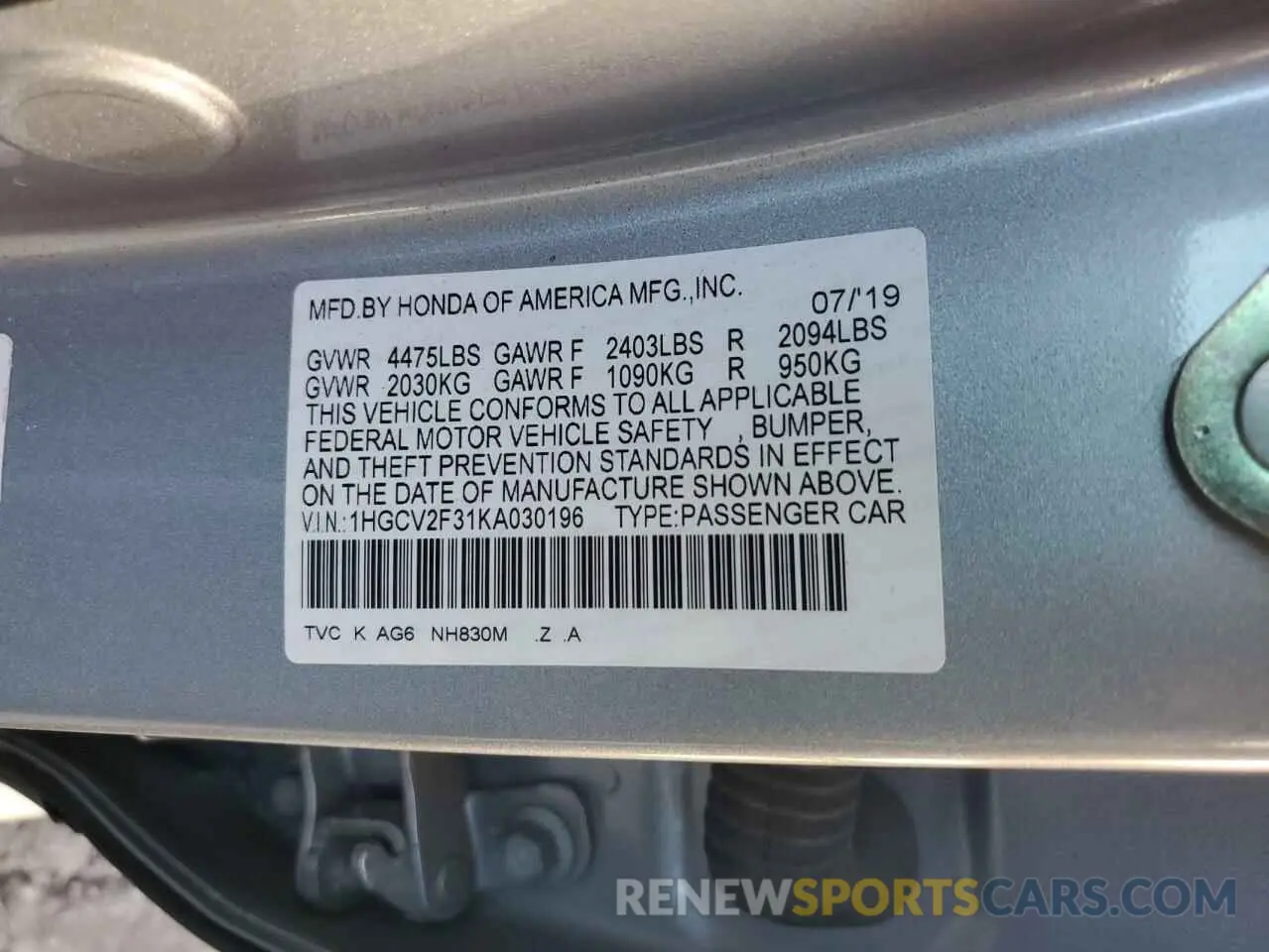 12 fotografías del automóvil dañado 1HGCV2F31KA030196 HONDA ACCORD 2019