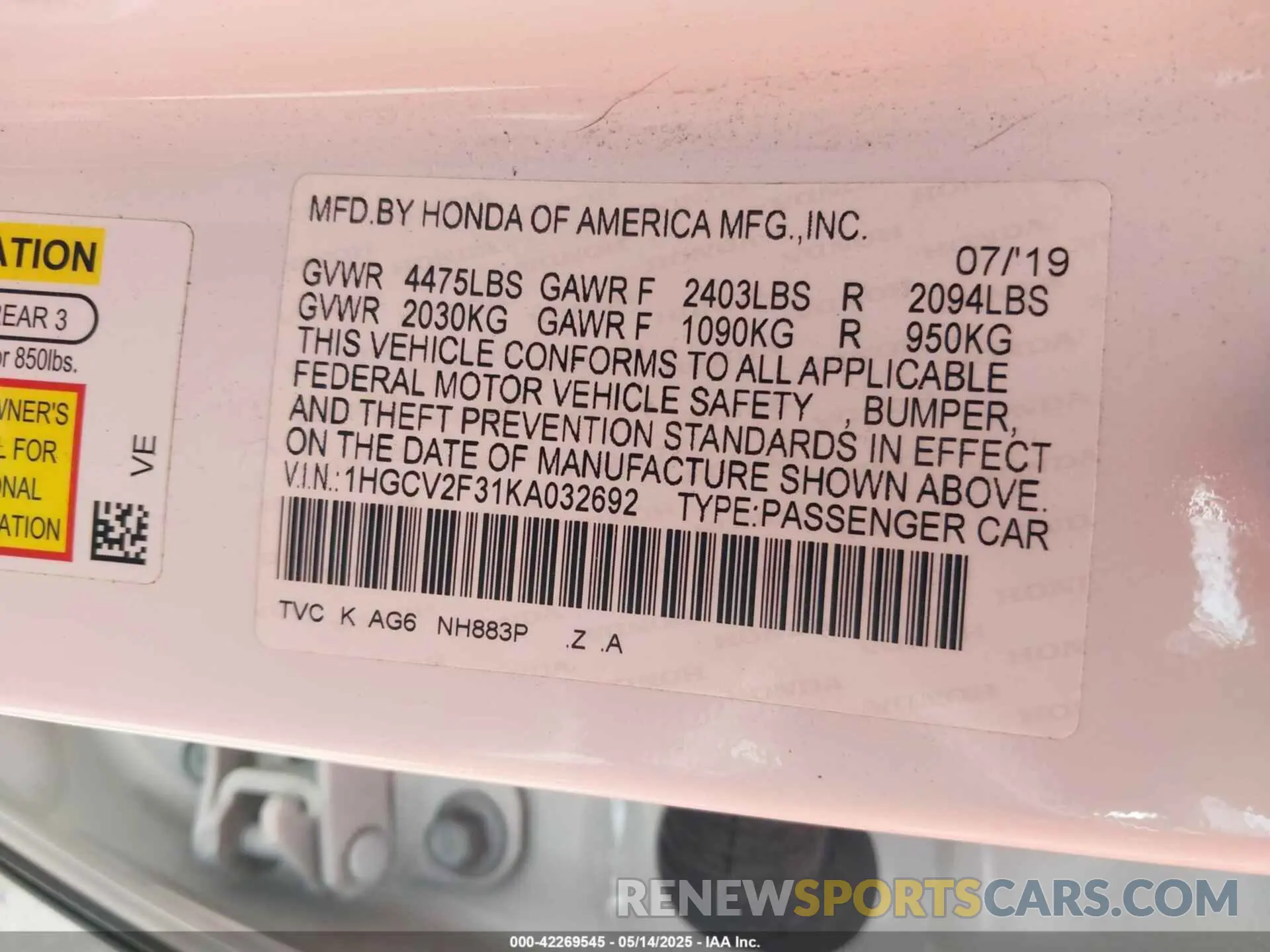 9 fotografías del automóvil dañado 1HGCV2F31KA032692 HONDA ACCORD 2019