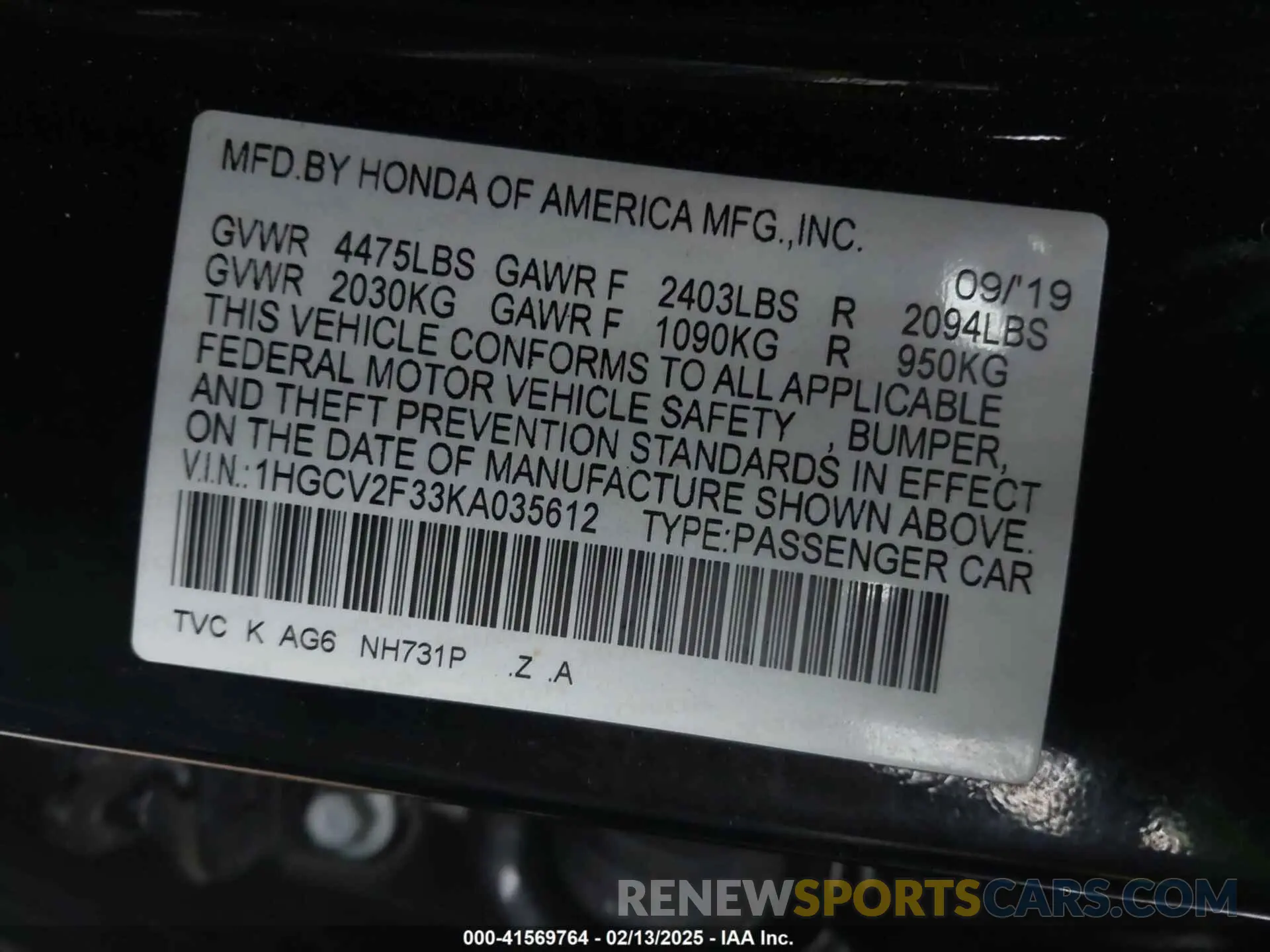 9 fotografías del automóvil dañado 1HGCV2F33KA035612 HONDA ACCORD 2019