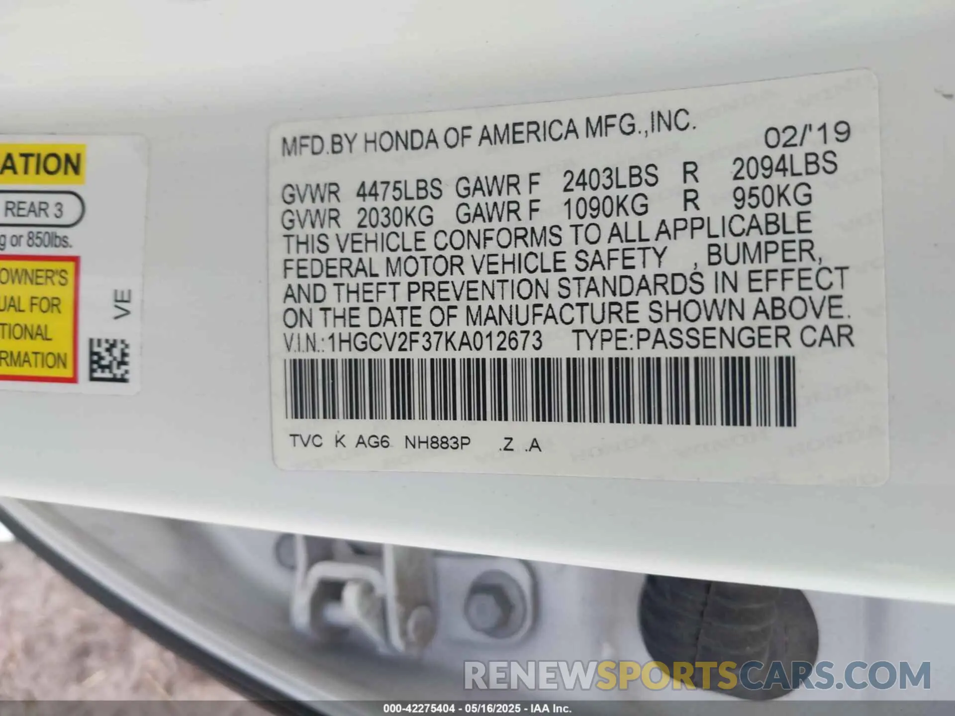 9 fotografías del automóvil dañado 1HGCV2F37KA012673 HONDA ACCORD 2019