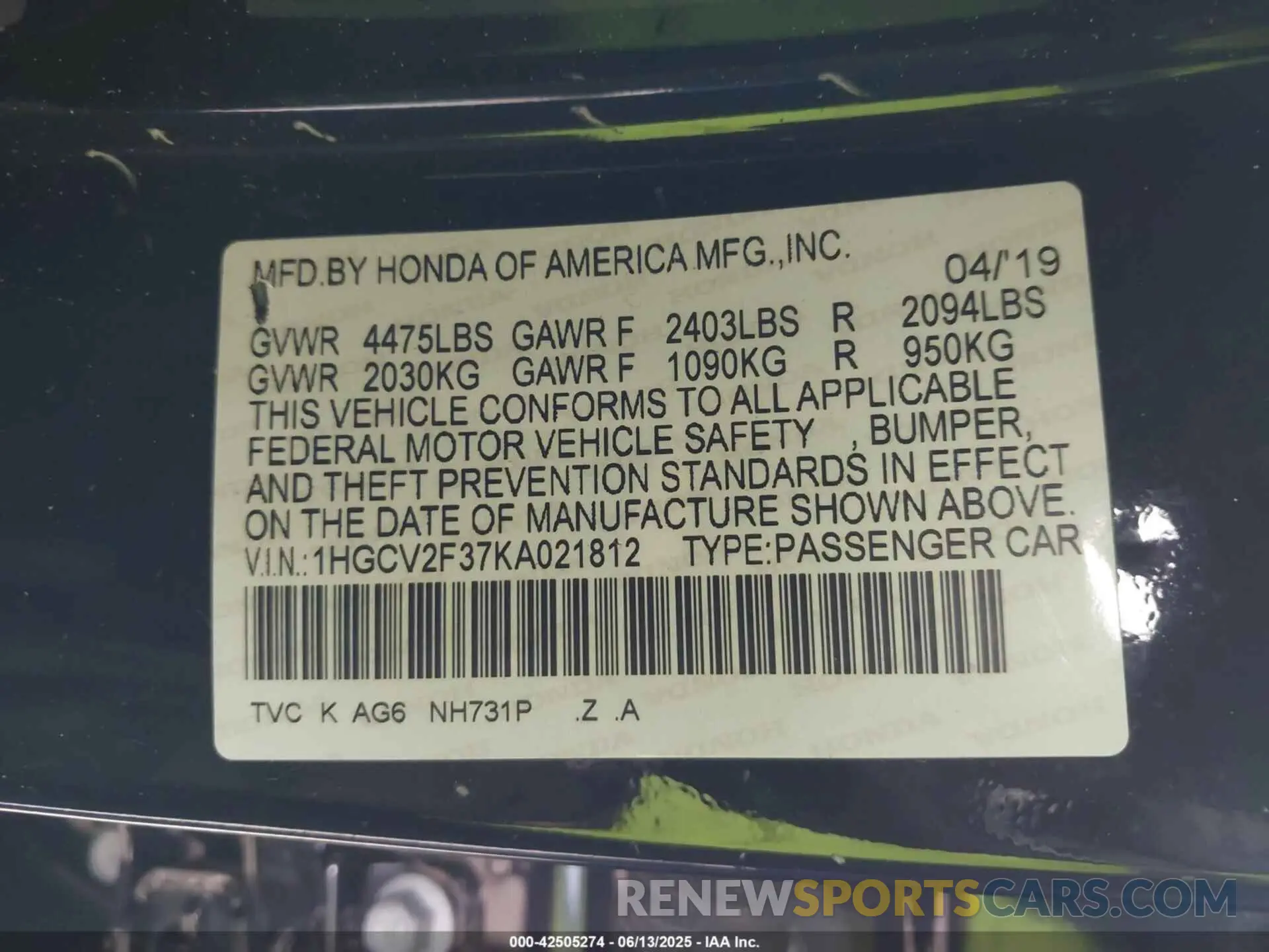 9 fotografías del automóvil dañado 1HGCV2F37KA021812 HONDA ACCORD 2019