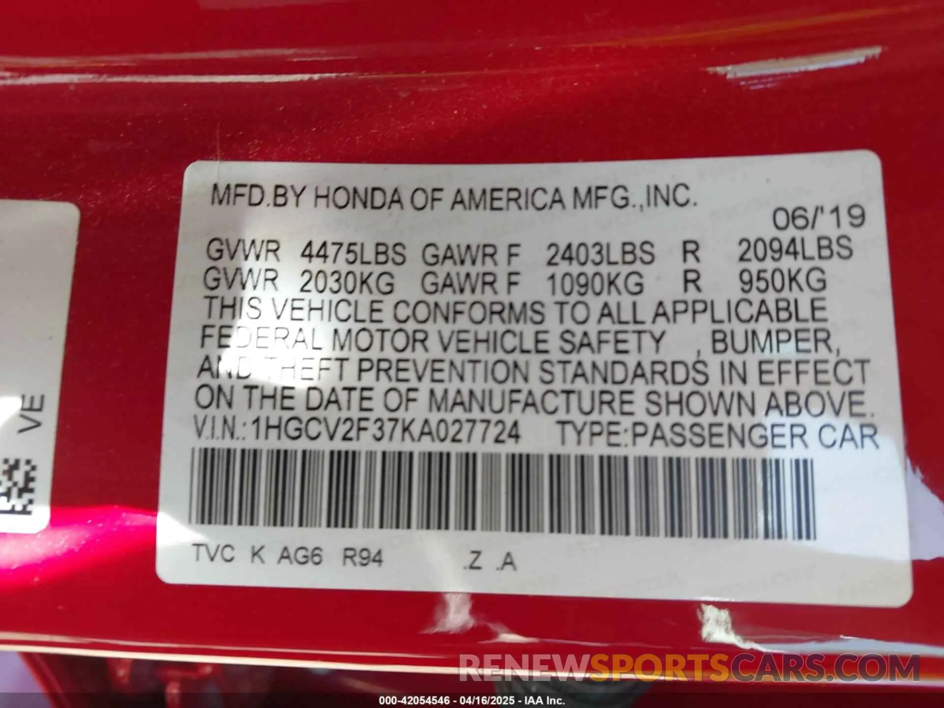 9 fotografías del automóvil dañado 1HGCV2F37KA027724 HONDA ACCORD 2019