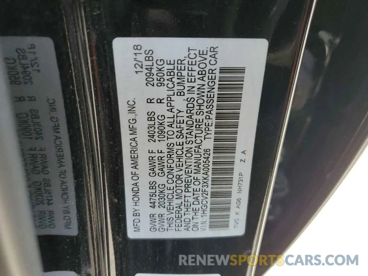 12 fotografías del automóvil dañado 1HGCV2F3XKA005426 HONDA ACCORD 2019