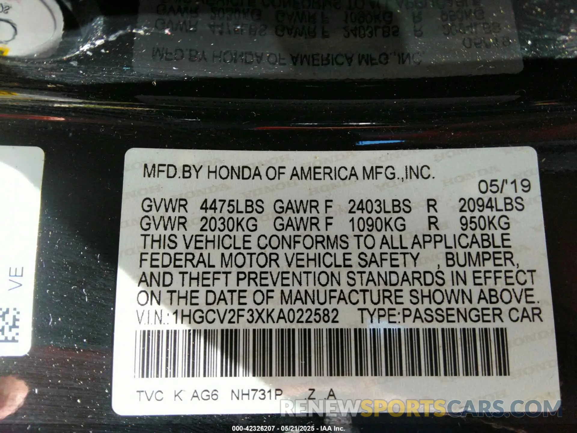 9 fotografías del automóvil dañado 1HGCV2F3XKA022582 HONDA ACCORD 2019