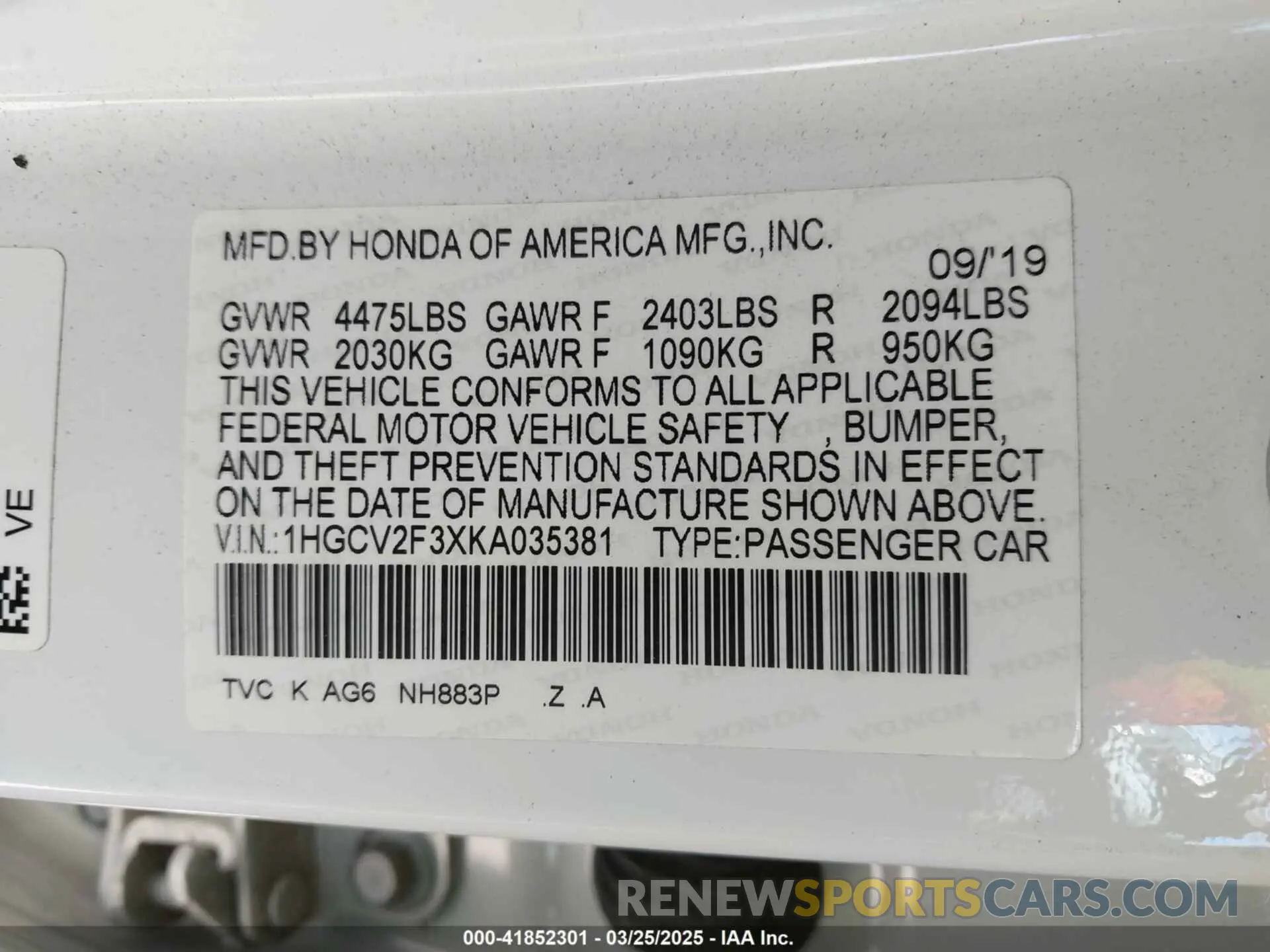 9 fotografías del automóvil dañado 1HGCV2F3XKA035381 HONDA ACCORD 2019