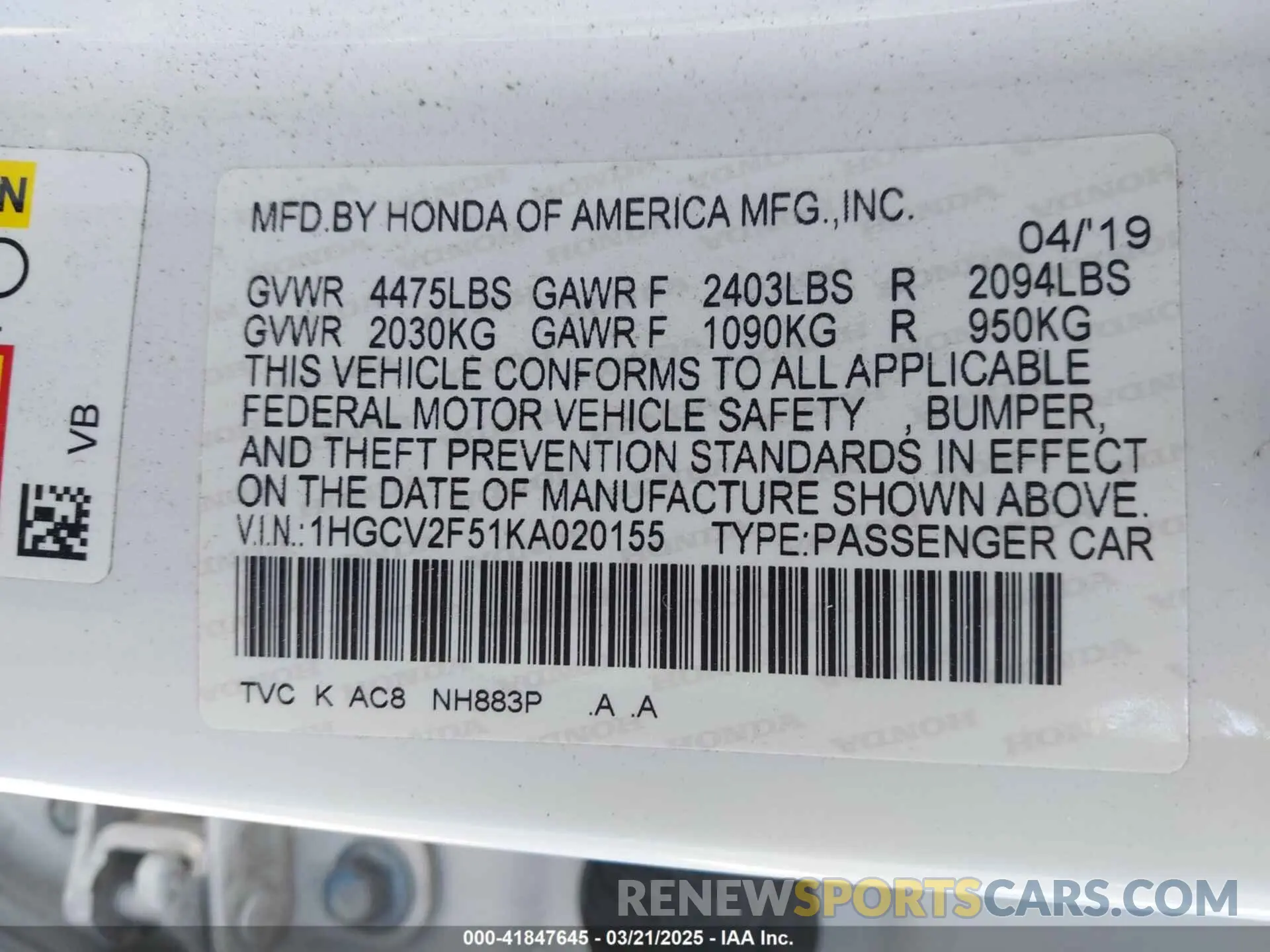 9 fotografías del automóvil dañado 1HGCV2F51KA020155 HONDA ACCORD 2019