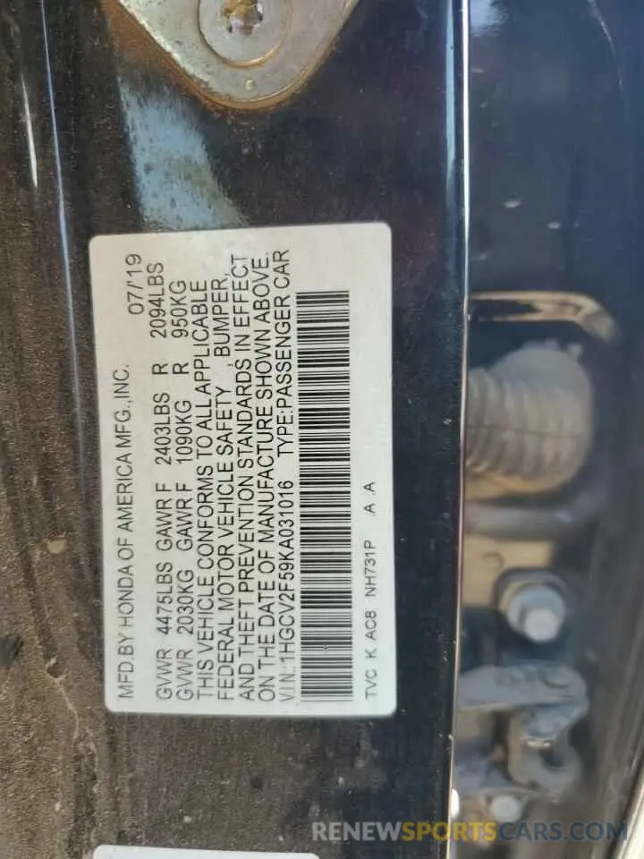 14 fotografías del automóvil dañado 1HGCV2F59KA031016 HONDA ACCORD 2019