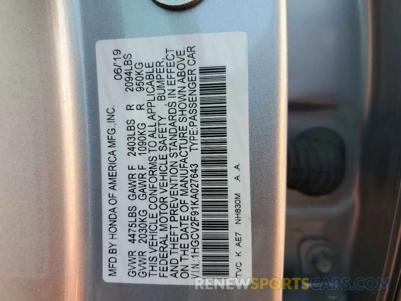 12 fotografías del automóvil dañado 1HGCV2F91KA027643 HONDA ACCORD 2019
