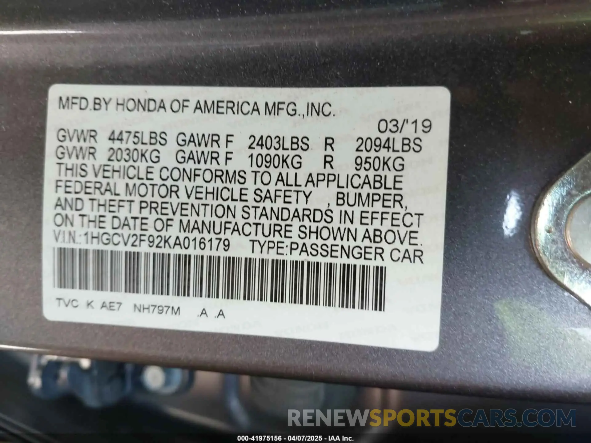 9 fotografías del automóvil dañado 1HGCV2F92KA016179 HONDA ACCORD 2019