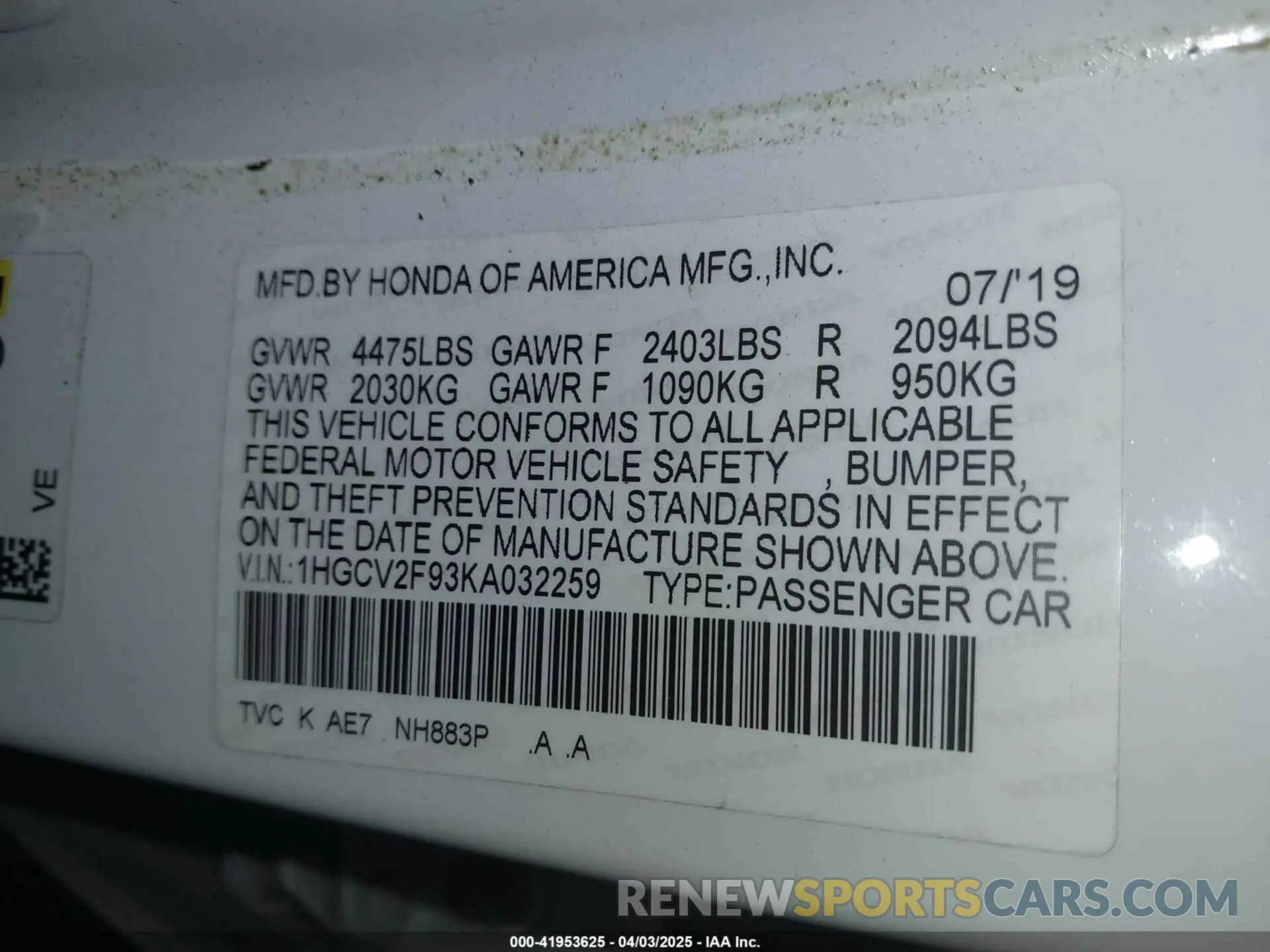 9 fotografías del automóvil dañado 1HGCV2F93KA032259 HONDA ACCORD 2019