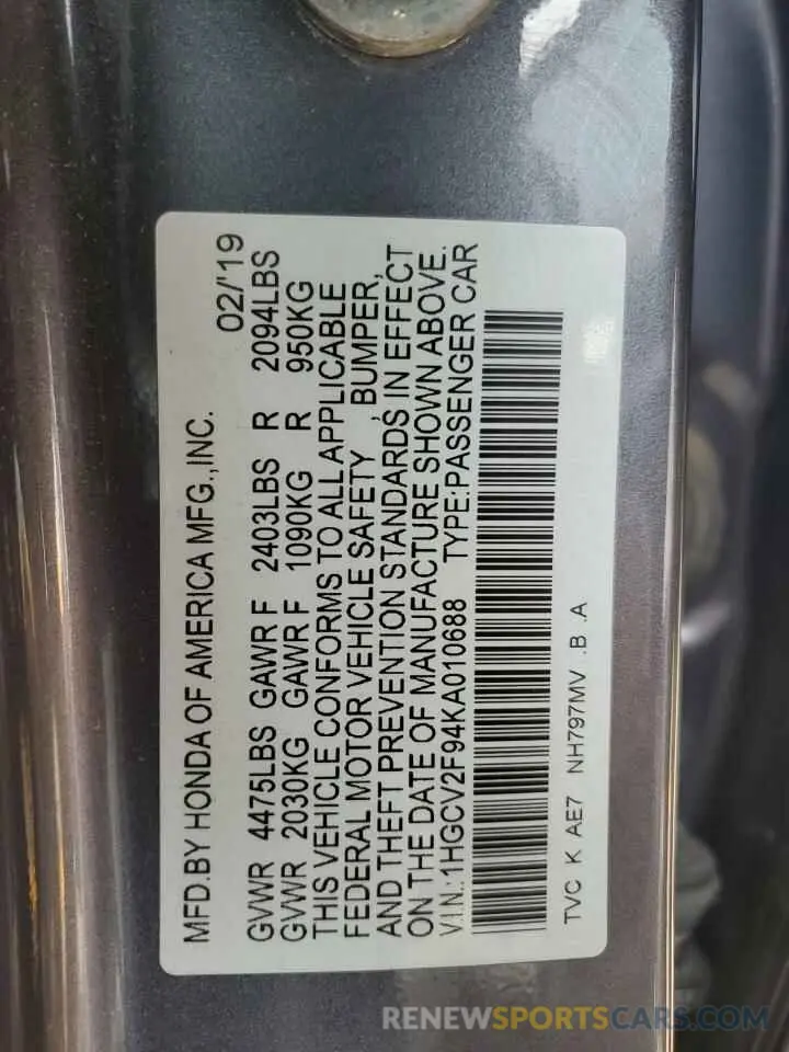 13 fotografías del automóvil dañado 1HGCV2F94KA010688 HONDA ACCORD 2019