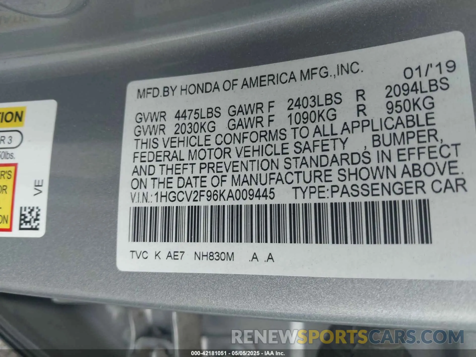 9 fotografías del automóvil dañado 1HGCV2F96KA009445 HONDA ACCORD 2019