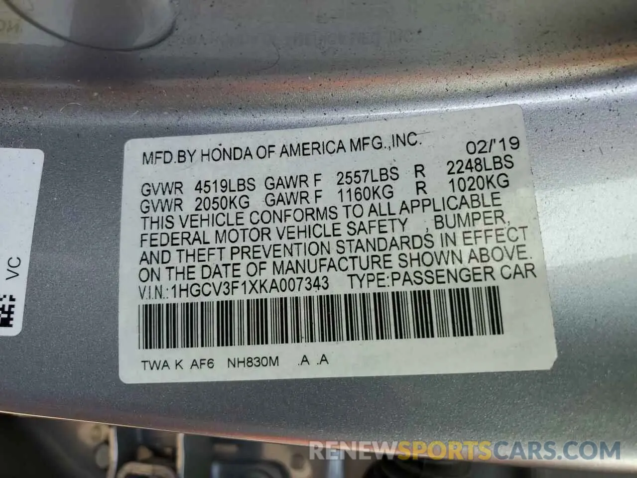 12 fotografías del automóvil dañado 1HGCV3F1XKA007343 HONDA ACCORD 2019