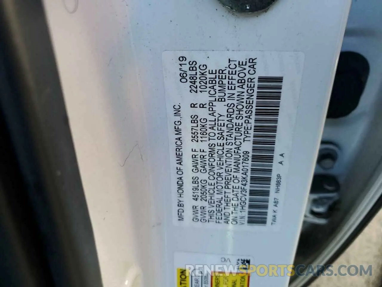 13 fotografías del automóvil dañado 1HGCV3F43KA017609 HONDA ACCORD 2019