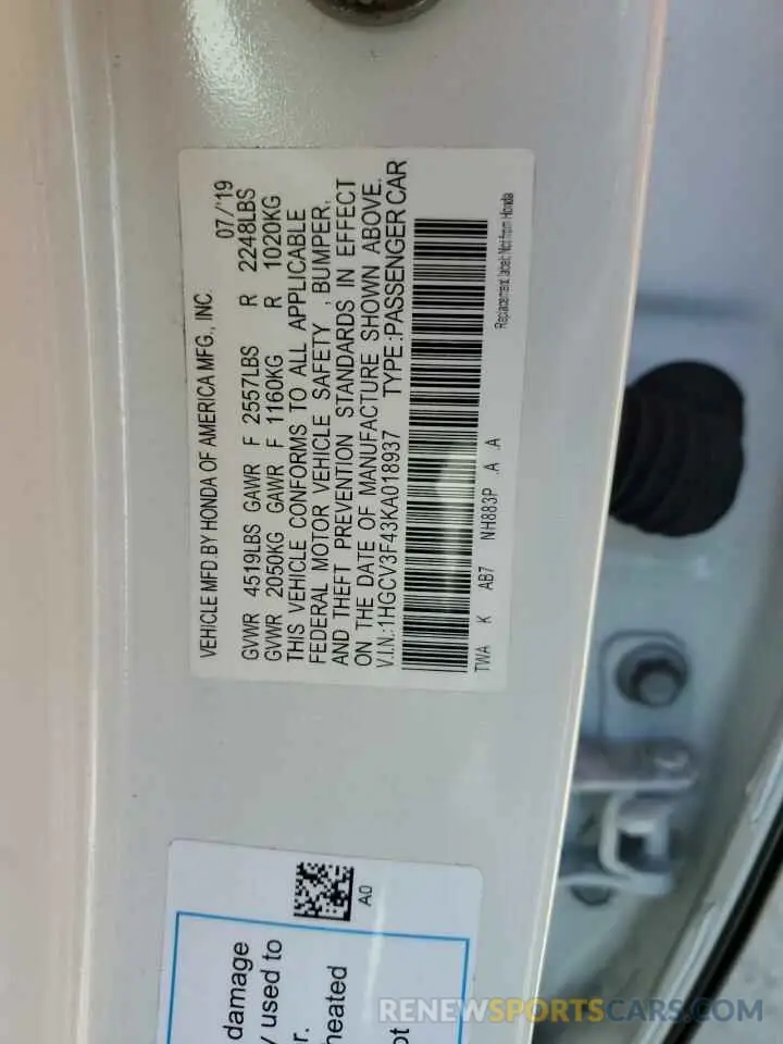 12 fotografías del automóvil dañado 1HGCV3F43KA018937 HONDA ACCORD 2019