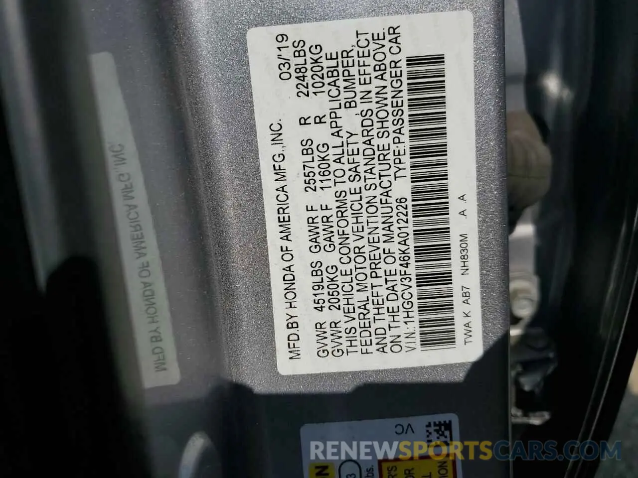 12 fotografías del automóvil dañado 1HGCV3F46KA012226 HONDA ACCORD 2019