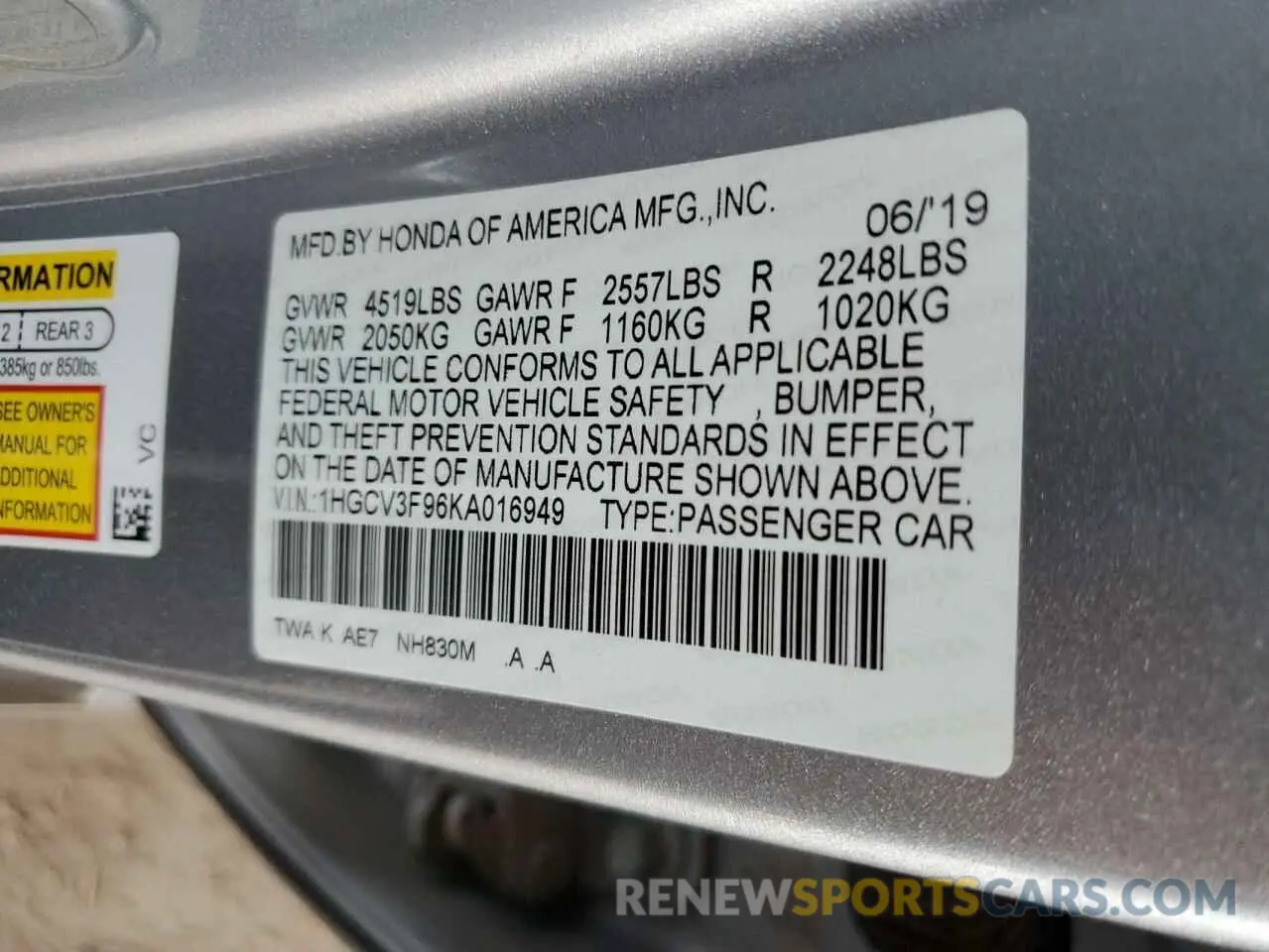 12 fotografías del automóvil dañado 1HGCV3F96KA016949 HONDA ACCORD 2019