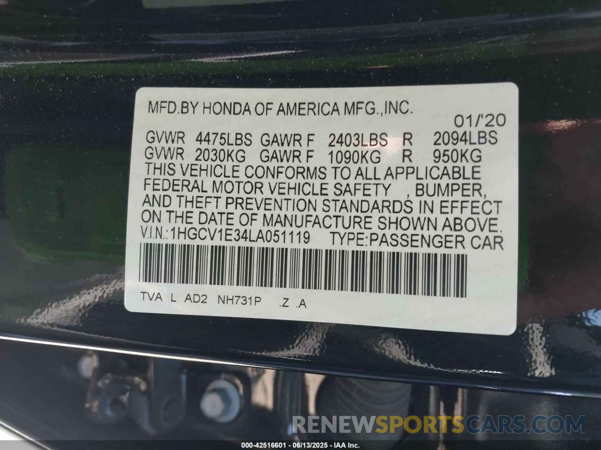 9 fotografías del automóvil dañado 1HGCV1E34LA051119 HONDA ACCORD 2020