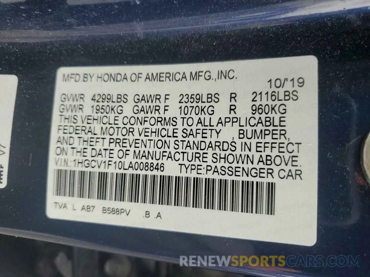 12 fotografías del automóvil dañado 1HGCV1F10LA008846 HONDA ACCORD 2020
