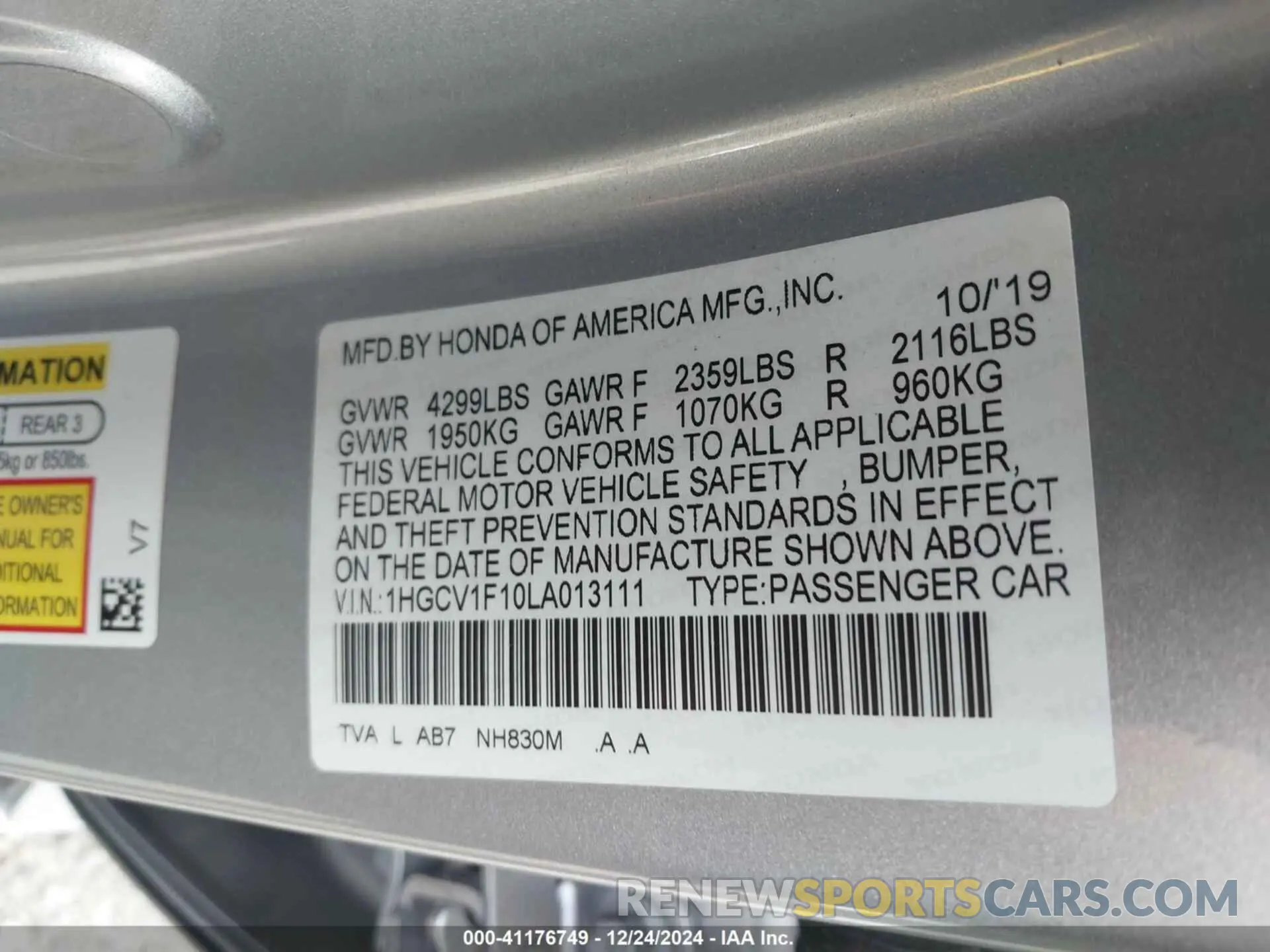 9 fotografías del automóvil dañado 1HGCV1F10LA013111 HONDA ACCORD 2020