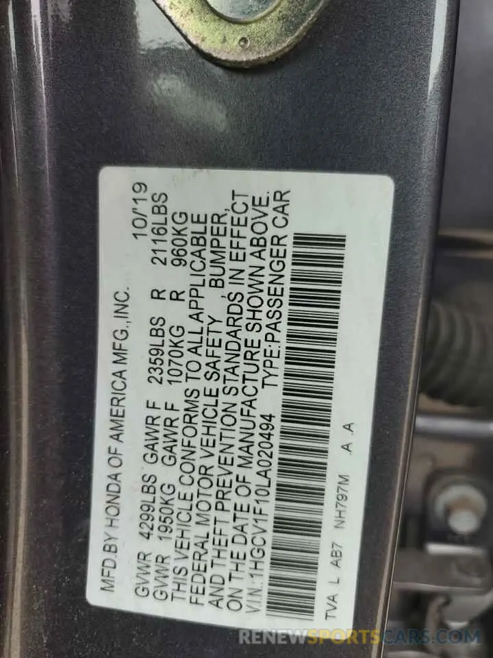 13 fotografías del automóvil dañado 1HGCV1F10LA020494 HONDA ACCORD 2020