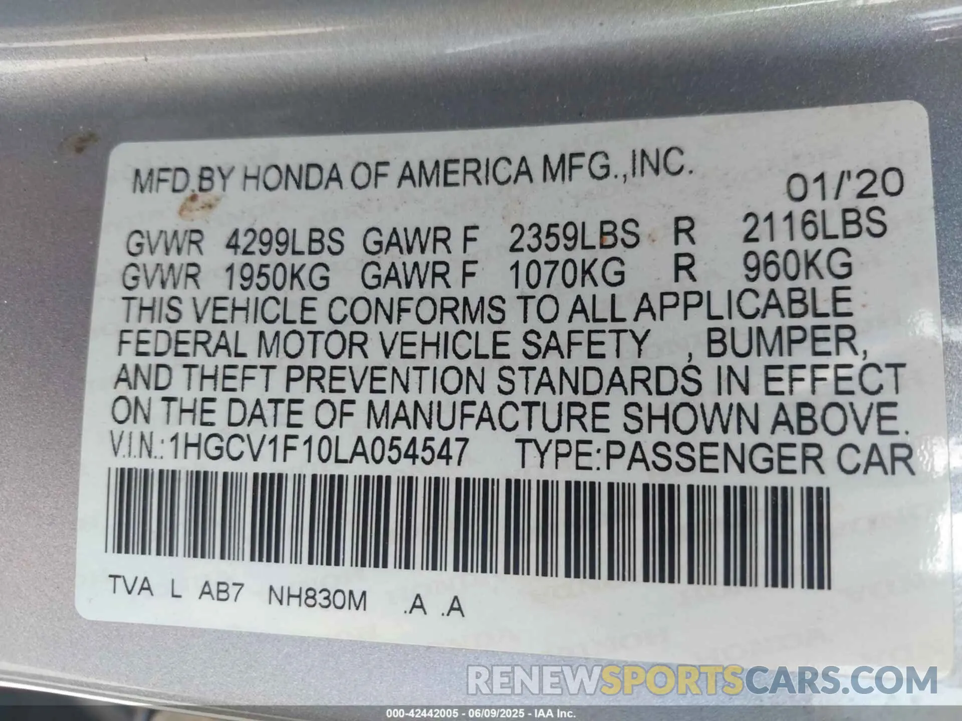 9 fotografías del automóvil dañado 1HGCV1F10LA054547 HONDA ACCORD 2020
